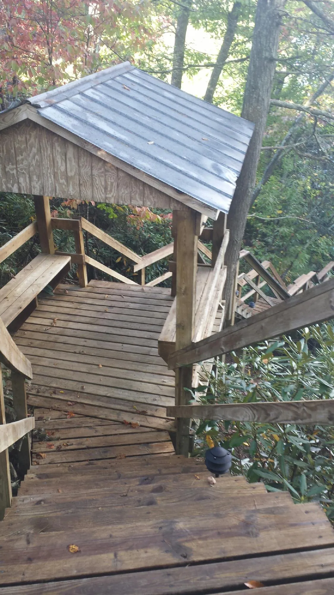 Metal roofed shelter over wooden steps on a wooded walkway — Skylight Repair & Installation work by our crew in Stafford